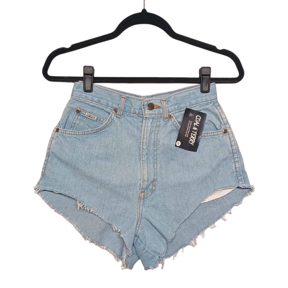 COAL N TERRY Chic Embroidered Raw Hem Denim Light Wash Jean Shorts X-Small